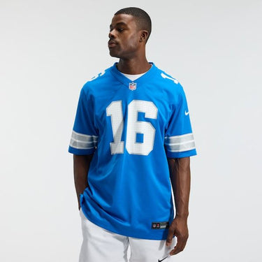 Detroit Lions Jared Goff Game Jersey Blue - Fabric and Crest Detail - Jersey Zone