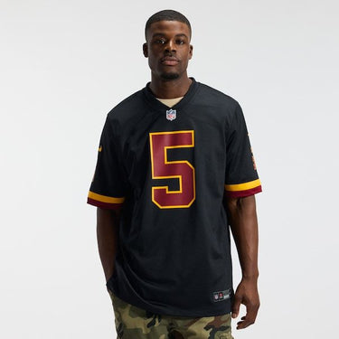 Washington Commanders Jayden Daniels Alternate Game Jersey Black - Fabric and Crest Detail - Jersey Zone