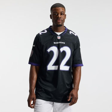 Baltimore Ravens Derrick Henry Alternate Game Jersey Black - Fabric and Crest Detail - Jersey Zone
